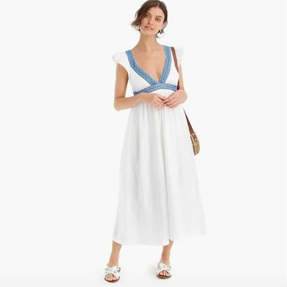 J. CREW Ruffle Deep V-Neck Embroidered Beach Midi Maxi Dress small